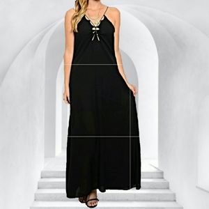 XTAREN sz L NEW BLACK MAXI LONG DRESS LACE-UP STRAPPY NWT goth witch boho spring